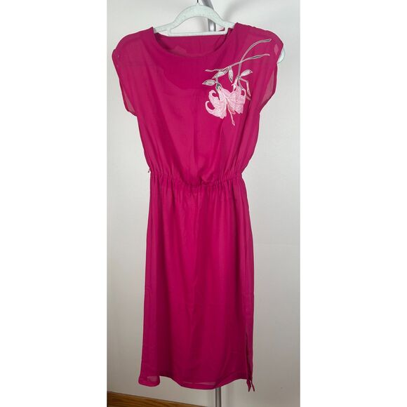 Vintage 80s Secretary Dress Womens Small Sheer Raspberry Necktie Shirtdress - Picture 1 of 5